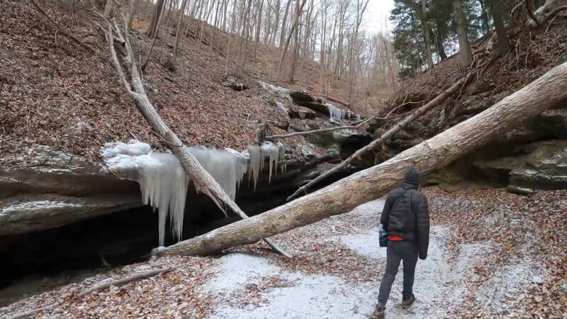 A Hiker Walks Through a Winter Landscape at Turkey Run State Park